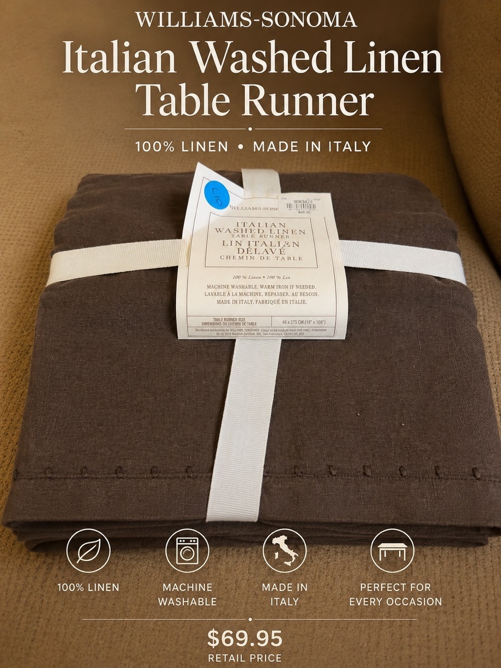 NWT Williams Sonoma Italian Washed Linen Table Runner Brown 18x108 Made Italy